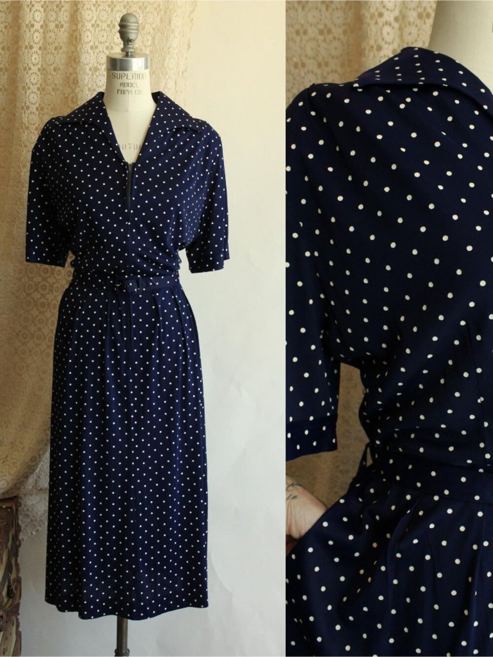 Vintage 1940s 1950s Dress with Pocket and Belt, Barba Dee Navy Blue and White Po